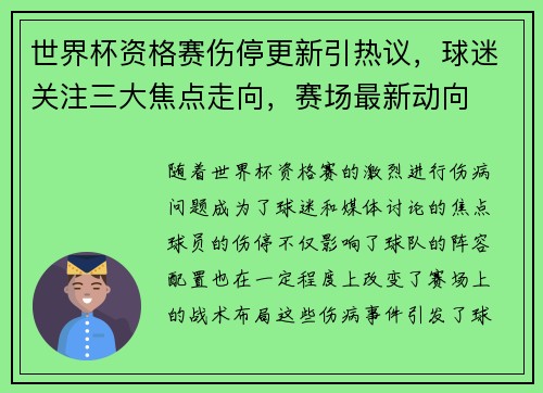 世界杯资格赛伤停更新引热议,球迷关注三大焦点走向,赛场最新动向 世界杯资格赛伤停更新引热议,球迷关注三大焦点走向,赛场最新动向
