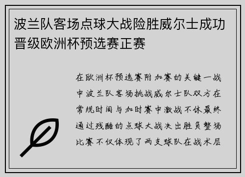 波兰队客场点球大战险胜威尔士成功晋级欧洲杯预选赛正赛